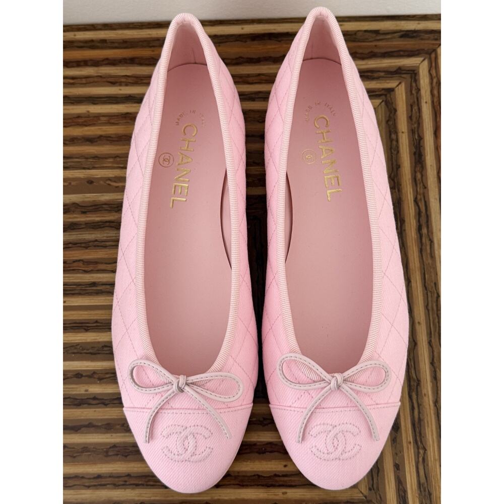 Chanel 26P Light Pink Denim Quilted CC Logo Bow Tie Ballet Ballerina Flat 38 - Picture 12 of 16